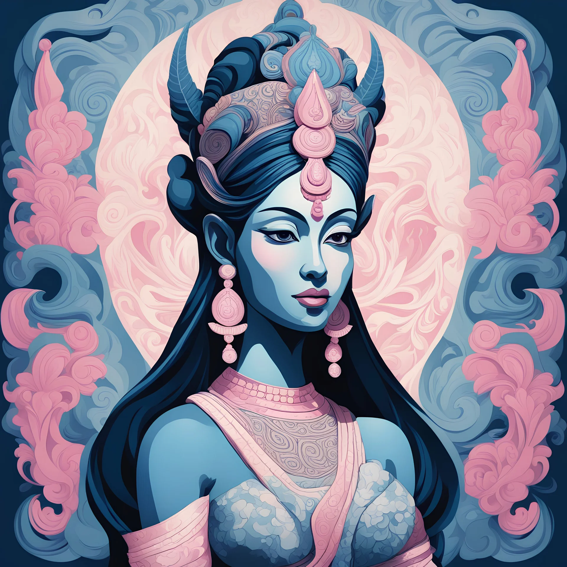 Apsara with light-blue dark-blue cream-white black and pink palette in vorticism art style
