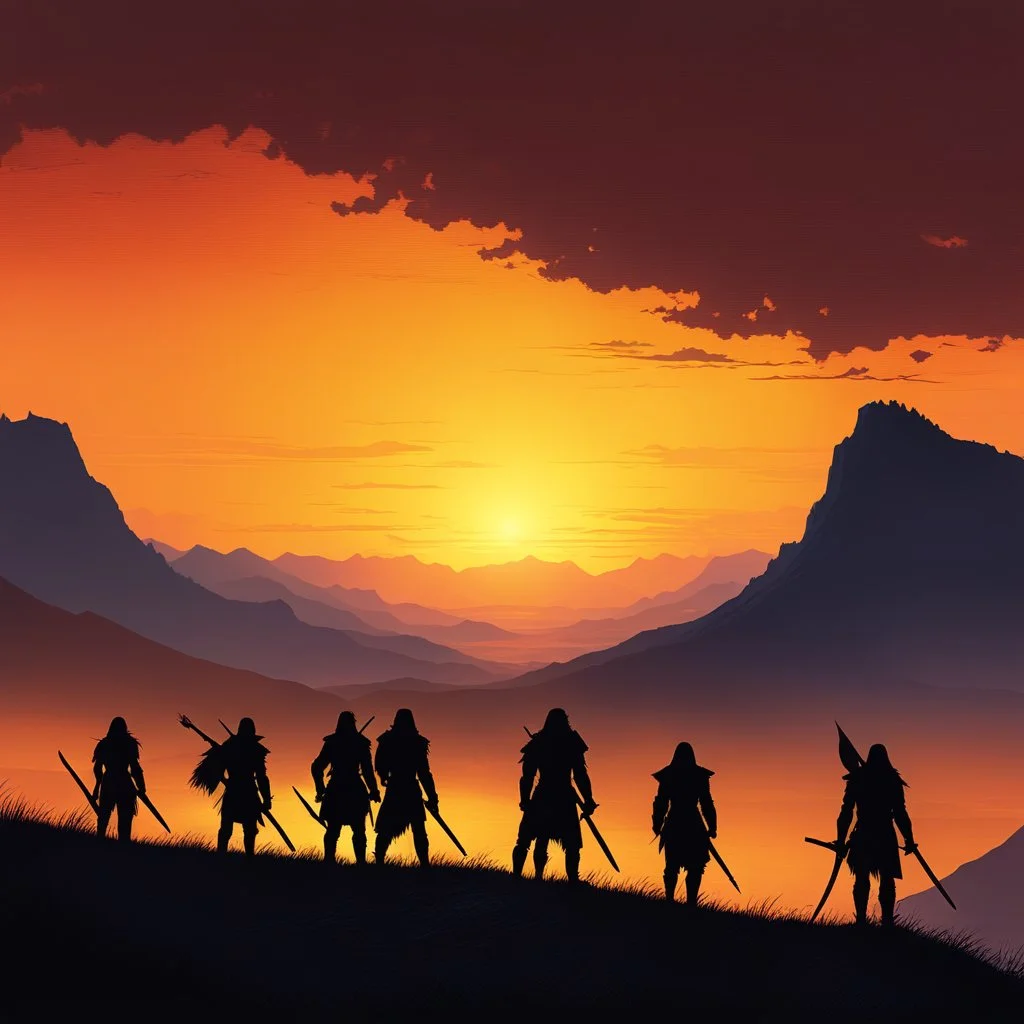 As the sun dipped below the horizon, casting its golden light across the land, a group of primal warriors stood silhouetted on the crest of a hill. Their figures were stark against the fiery sky, outlined by the fading glow of the setting sun. the group of primal warriors on the hilltop appeared to be guardians of a forgotten realm, keepers of ancient knowledge and wisdom.