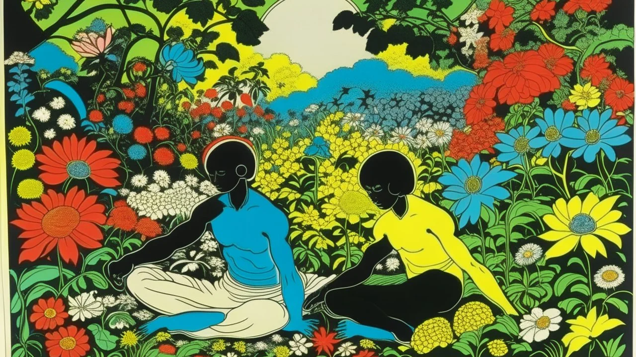 An illustration by Kuniyoshi and Andy Warhol of people practicing yoga surrounded by blooming flowers and lush vegetation.