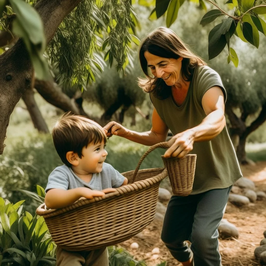 A mother picking olives from the tree and a son holding the basket sideways and happy