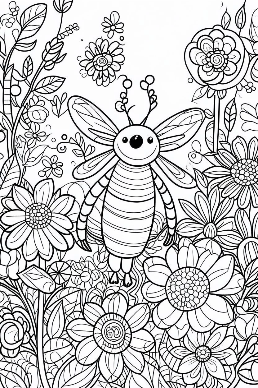 HAPPY NEW YEAR coloring page for kids, Bee buzzes around New Year flowers, thick outline, low details, no shading, no color