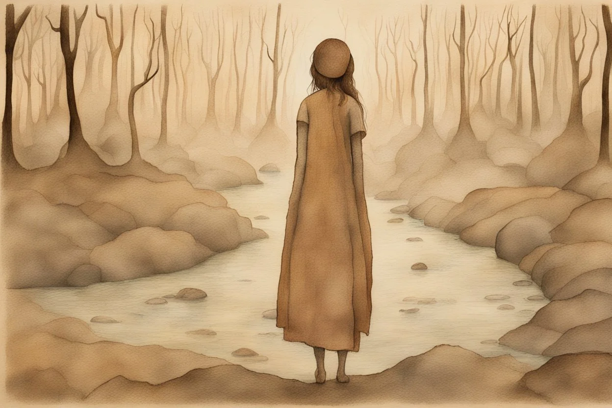 painted and burned burlap, Brown-haired woman unloads the burdens she carries on her back and rests on the edge of the woods by the stream, stones, mist, fog, styles of Paul Klee Dee Nickerson and Tim Burton, melting watercolor and black ink outlines on wet paper, soft, shading strokes, in sunshine, ethereal, cinematic postprocessing, bokeh, dof