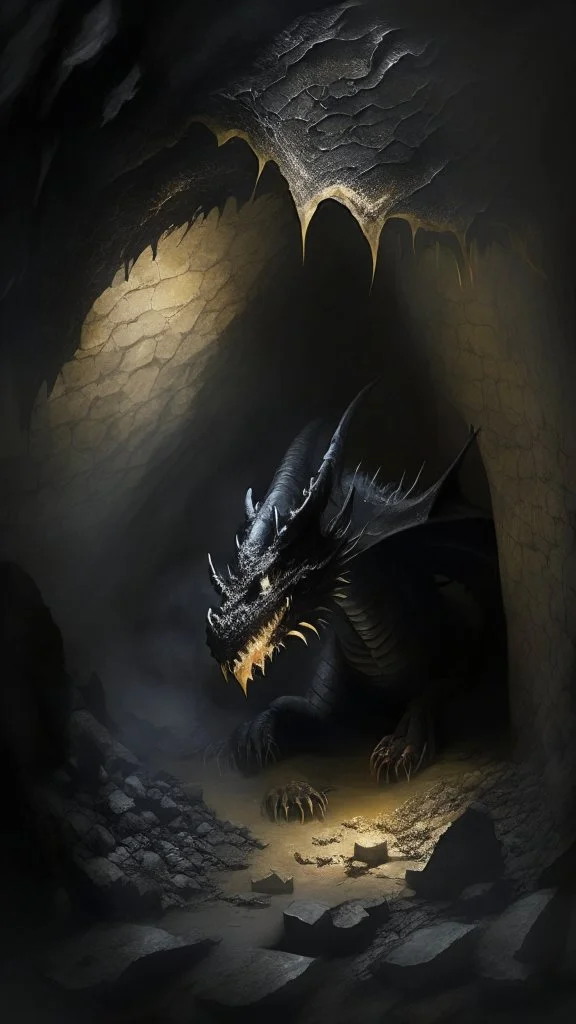 fat, black dragon, dark cave