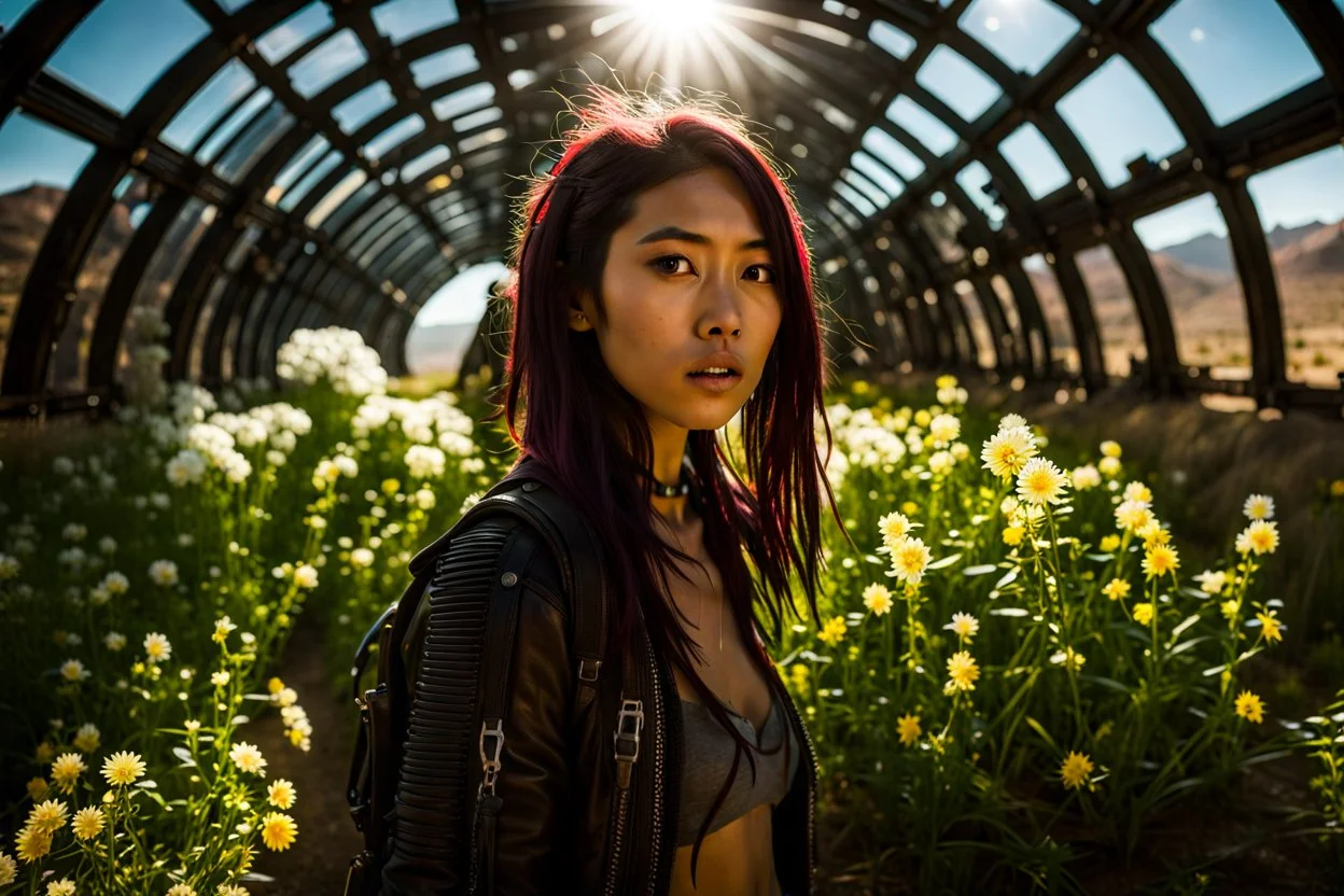 Unground solar punk tunnels, cinematic, dof background a, dystopian, sci-fi, award winning, Yui in a garden, National Geographic, breath taking, oxygen farm but outside is a desert