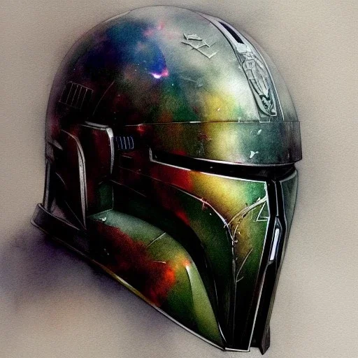 photorealistic jangl fett helmet, watercolor illustration by <agnes cecile> <Yoji Shinkawa>, natural tones, ornate and intricate detail , soft smooth lighting, soft pastel colors,