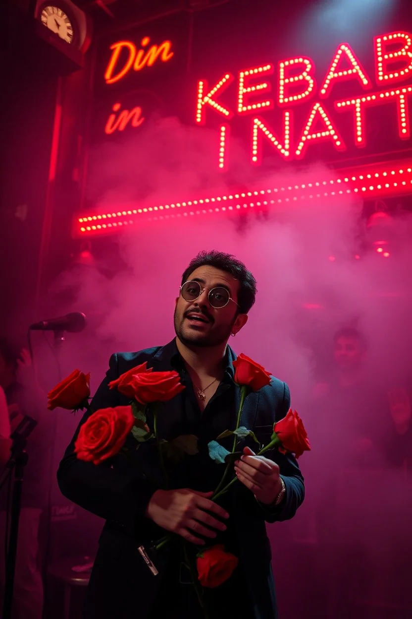 An spanish Guy with big eyes "Enrique" performing at dance club, his name is "Enrique" Red roses On stage, red Neon lights and smog, and "Din KEBAB I NATT" big sign on the wall, serenade under balcony, ZORRO vibes