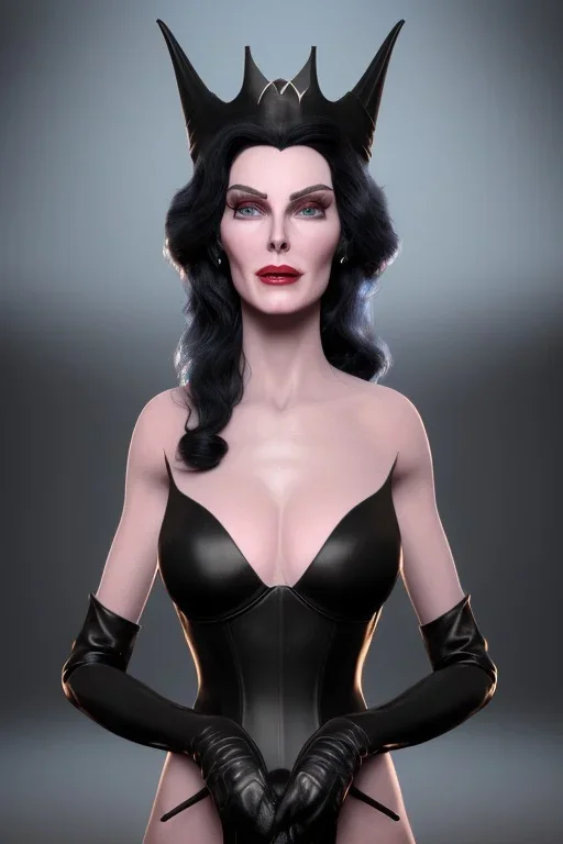 Carmen Dell`orifice as evil queen in black leather gown, angry, busty, curvey, cleavage, unreal 5, octane render,cinema4d, dynamic lighting, dramatic lighting, 4k, redshift render, highly detailed, hyper realistic