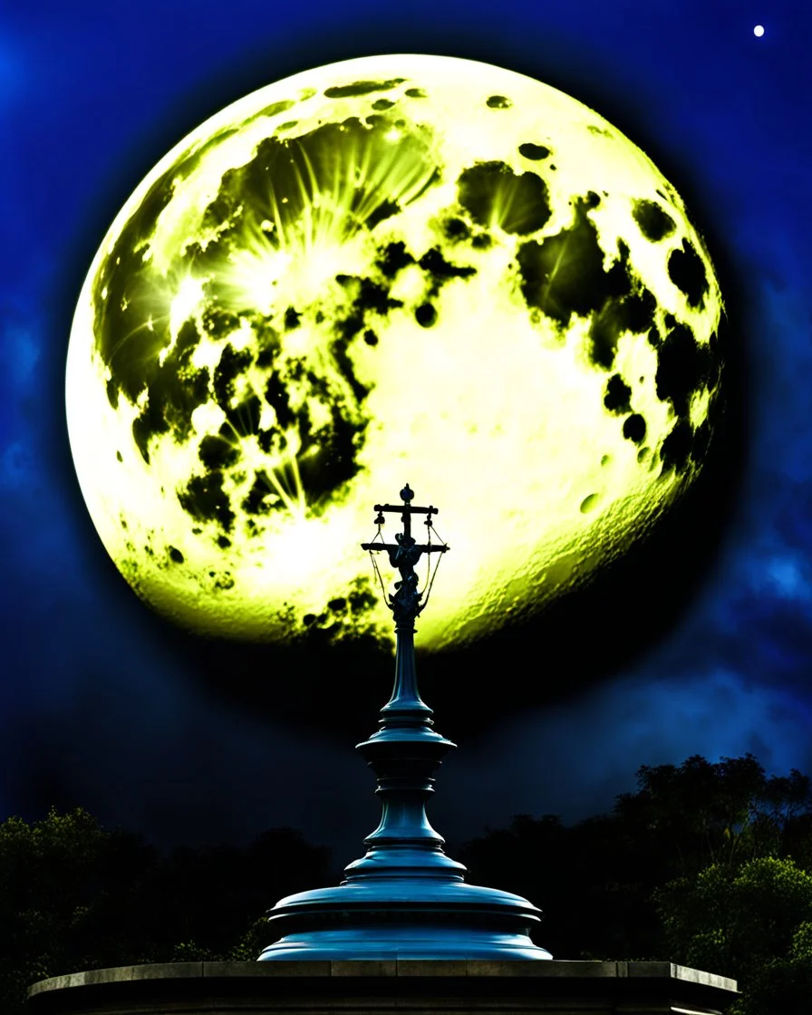 scales of justice against a blue full moon