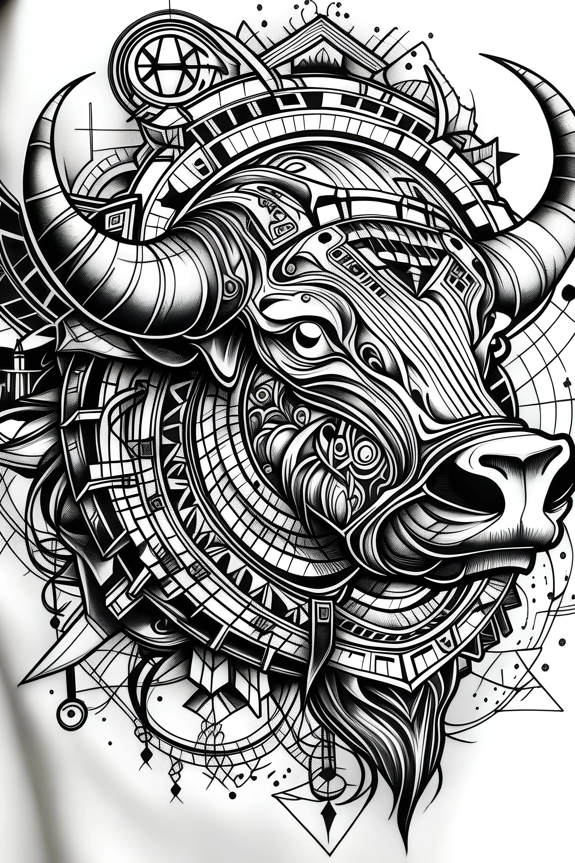 Old school tattoo sketch, black and white, cyberpunk style, buffalo