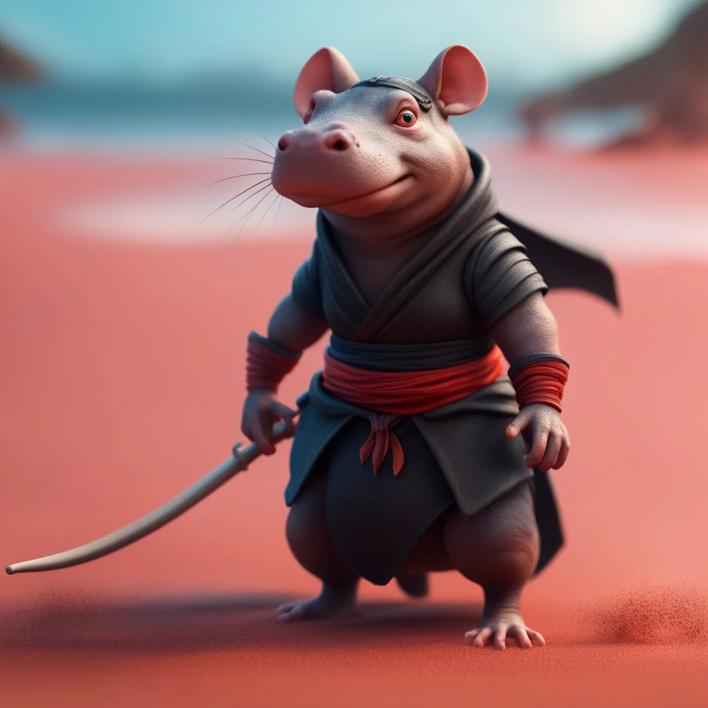 elongated female ninja rat hippo witch on the red sand beach ,bokeh like f/0.8, tilt-shift lens 8k, high detail, smooth render, down-light, unreal engine