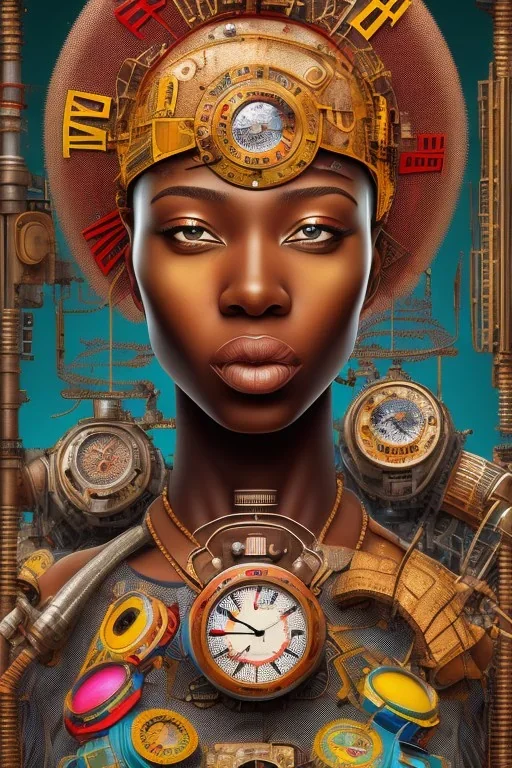 african portrait in rusted clocks, clock face, rust, scaffolding, ghana colours, cyberpunk, high detail