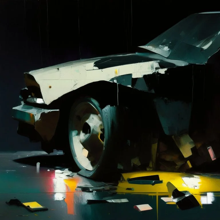 Minimal abstract oil paintings close up car parts and concrete fragments illuminated at night style of Justin Mortimer