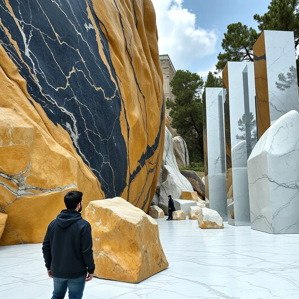 Un'immagine di un paesaggio naturale con marmi gialli e blu scuro, imponenti e altissimi, accanto a strutture artificiali e alberi. Queste strutture sembrano blocchi rettangolari riflettenti, come colonne di vetro, che creano un contrasto tra il naturale e l'artificiale. Pavimentazione di marmo. Persona osserva. Bianco con venature e solchi. La scena trasmette un senso di sospensione e dialogo. Dettagli degli specchi e delle rocce molto accentuati