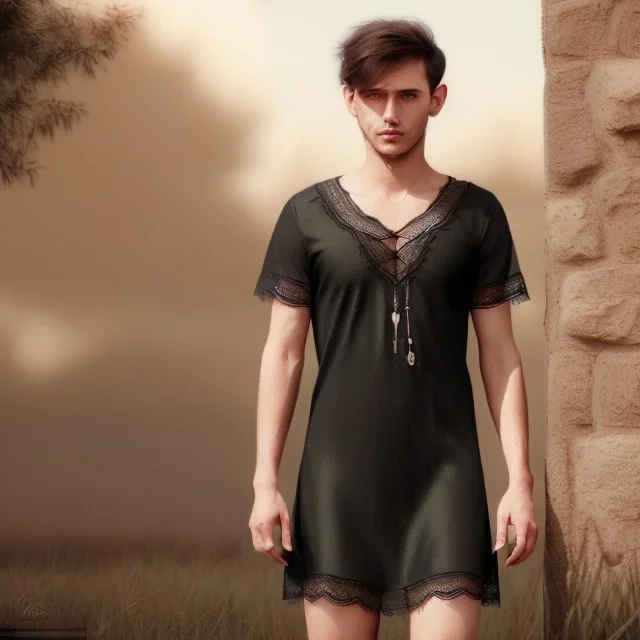 Realistic photo short hair boyish boylike (boyish face) beautiful cleavage lace neckline short haircut thin waist wide hips lacy nightgown amulet of black magic muslim