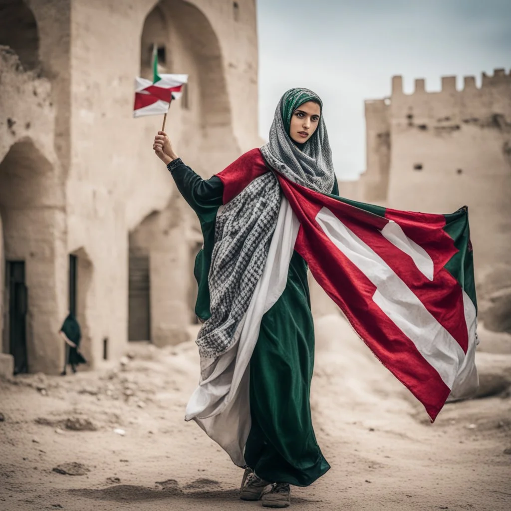 A very beautiful girl carrying a large Palestinian flag in her hands and waving it while wearing a keffiyeh and an embroidered Palestinian dress.