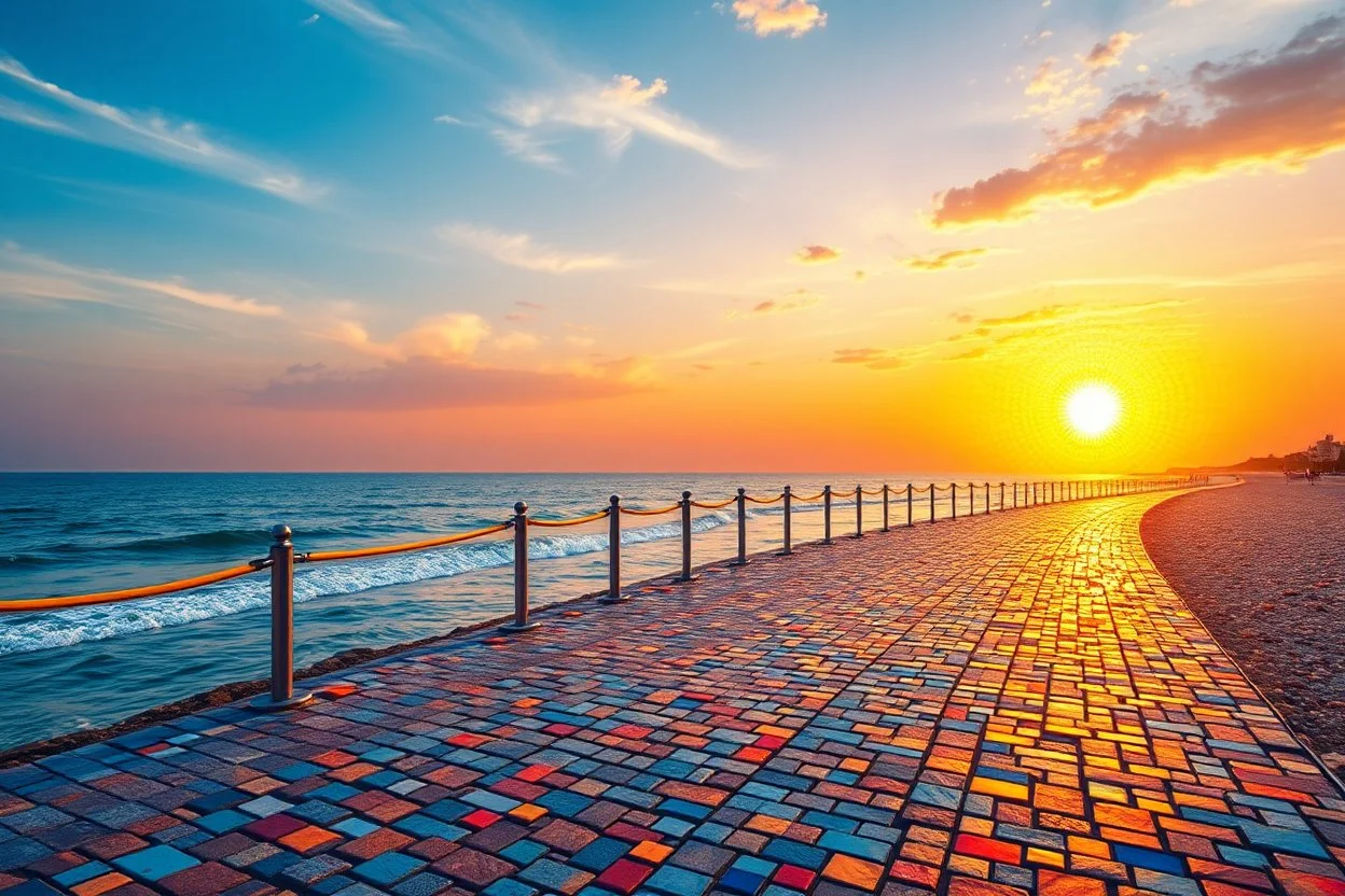 create a digital mosaic landscape of a seafront walkway, beach promenade paved with multicolor mosaic stones, rising sun made of glowing tessellated fragments, sky composed of abstract colorful stained glass patterns, serene and artistic sunrise vibe --ar 3:2 --v 7 --style raw