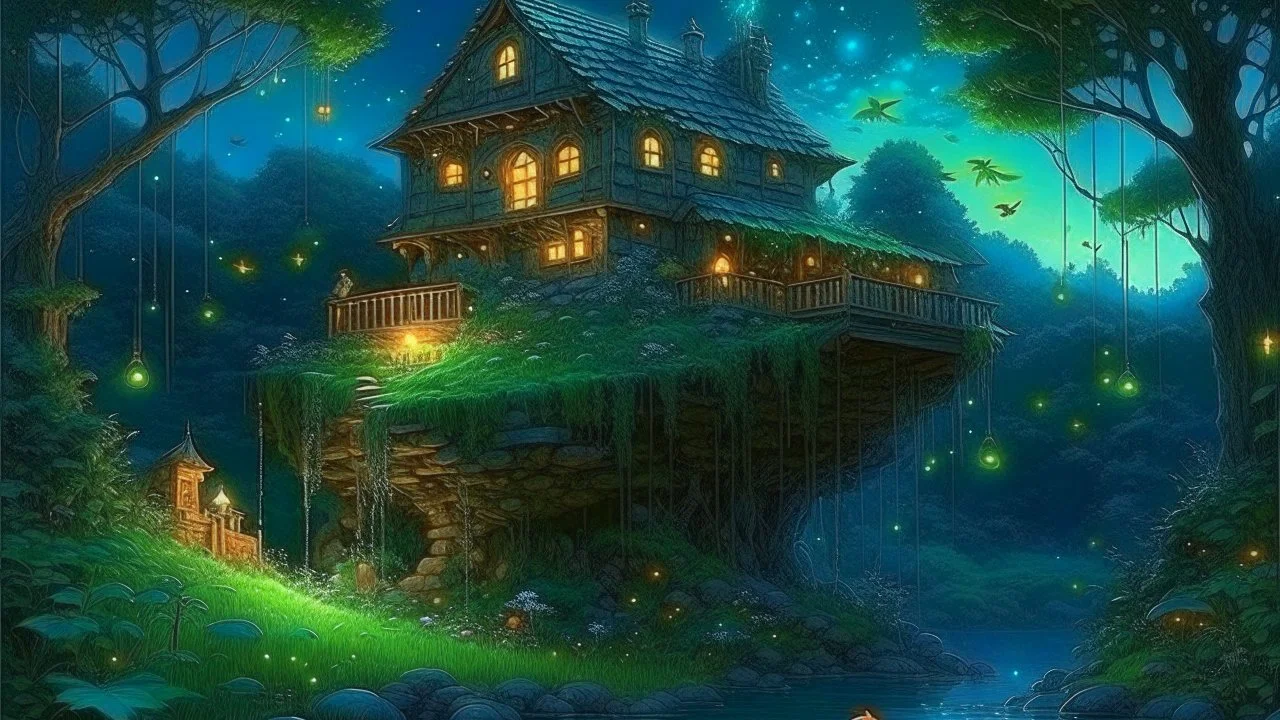 mysterious retrofuturistic house, surrounded by lush green forest and blue fireflies, detailed luminescent magical realism painting 4 k realistic by and gustave courbet with ents and birds and birds by Denis Sarazhin and klimt wearing detailed retrofuturistic sci-fi RPG