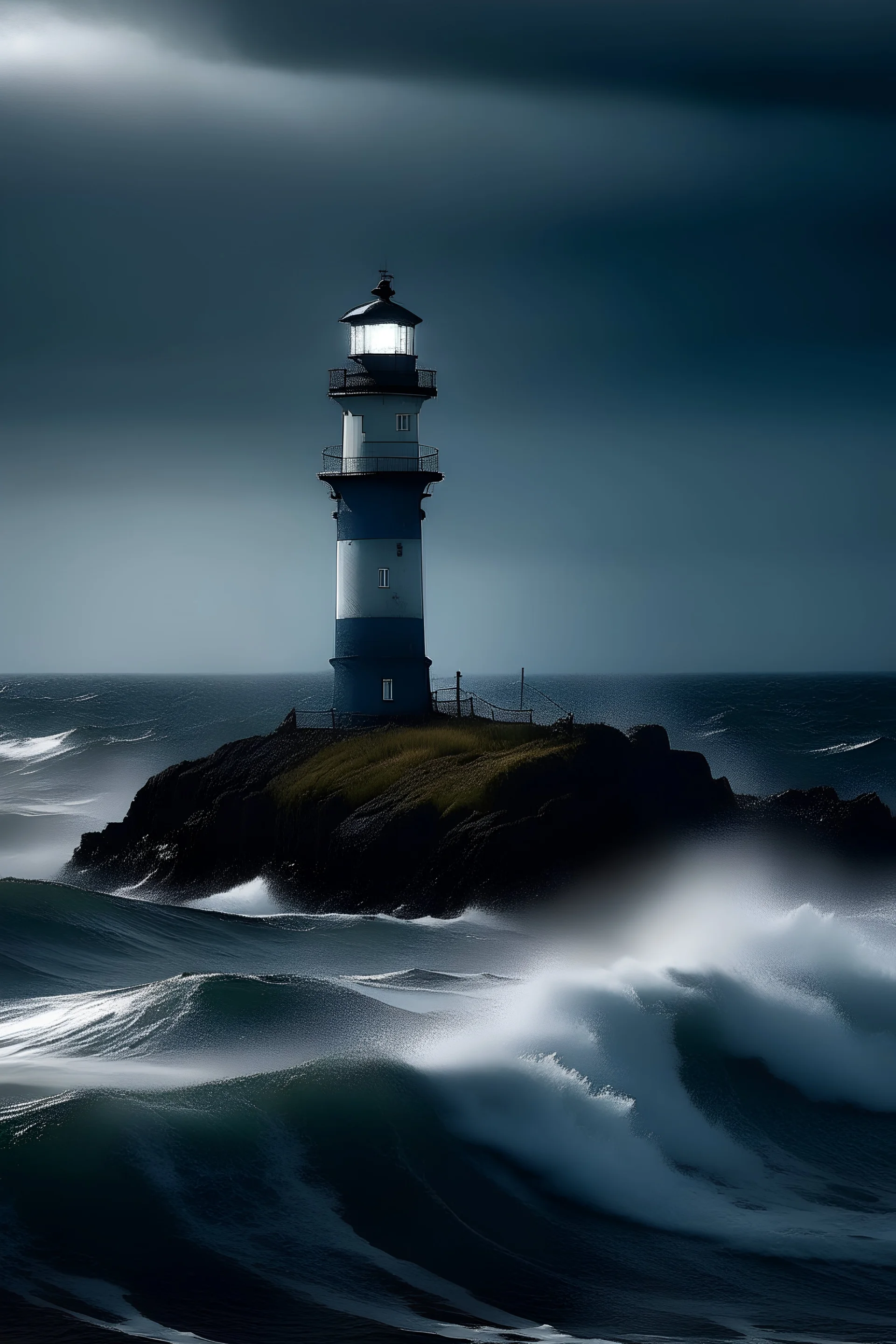 a solitary lighthouse standing tall against the backdrop of a stormy sea. The sky is painted with shades of deep indigo and gray, with flashes of lightning illuminating the horizon. Waves crash against rugged cliffs below, sending sprays of foam into the air. Despite the fierce elements, the lighthouse stands firm, its beacon cutting through the darkness, offering guidance and hope to sailors navigating the treacherous waters. It's a scene of resilience, power, and the enduring beauty of nature.