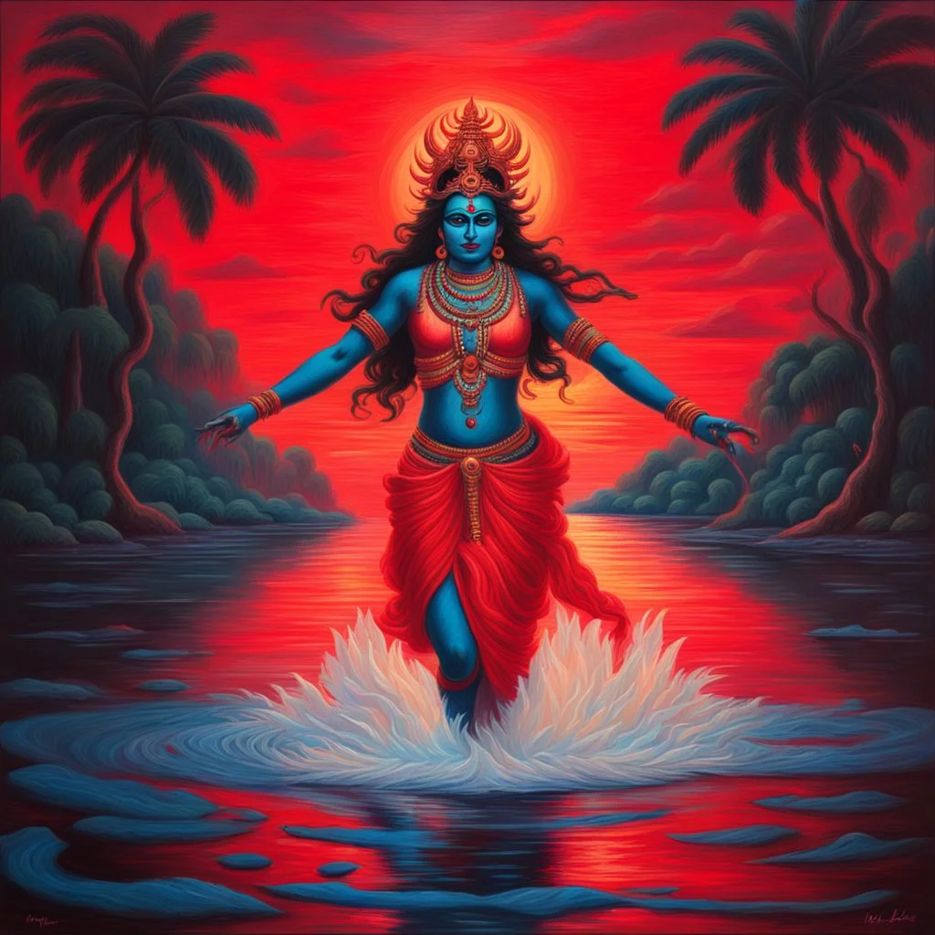 An oil painting of goddess Kali crossing a lake, neon red colors