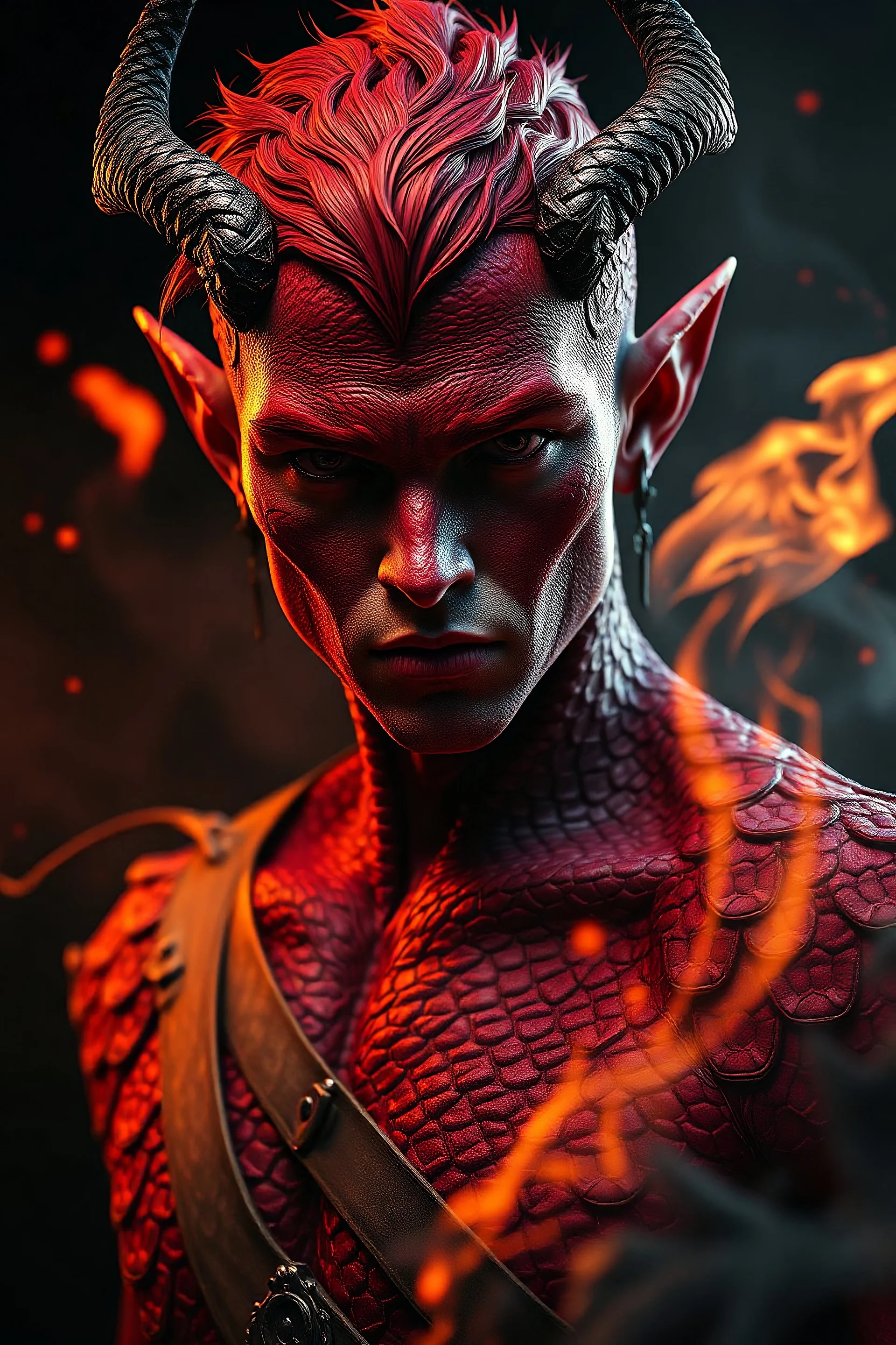 d&d art young male tiefling warlock, red skin, scales, unreal engine 6, high detail, intricate, cinematic. photoshoot style, intricate, studio lighting, masterpiece , highly detailed, 8k, best quality, fire, smoke, dramatic,d,<lora:mshn:0.7>,<lyco:Warrior_Couture:0.5>,
