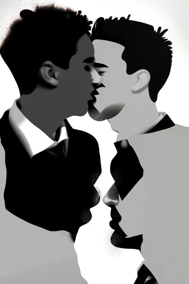 black and white photo of two men kissing, pop art background
