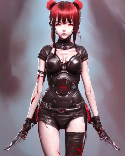 Detailed cute anime assassin girl, blood read hair buns, blood red bangs, black latex bodysuit, intricate details, full body portrait, keep head in frame, slight smile, black Japanese motif, concept art, highly detailed, digital painting, concept art, sharp focus, illustration, art by Yoji Shinkawa, WLOP and greg rutkowski and alphonse mucha and artgerm and yanjun Chen and Junji ito and Makoto Shinkai, HDR, octane render