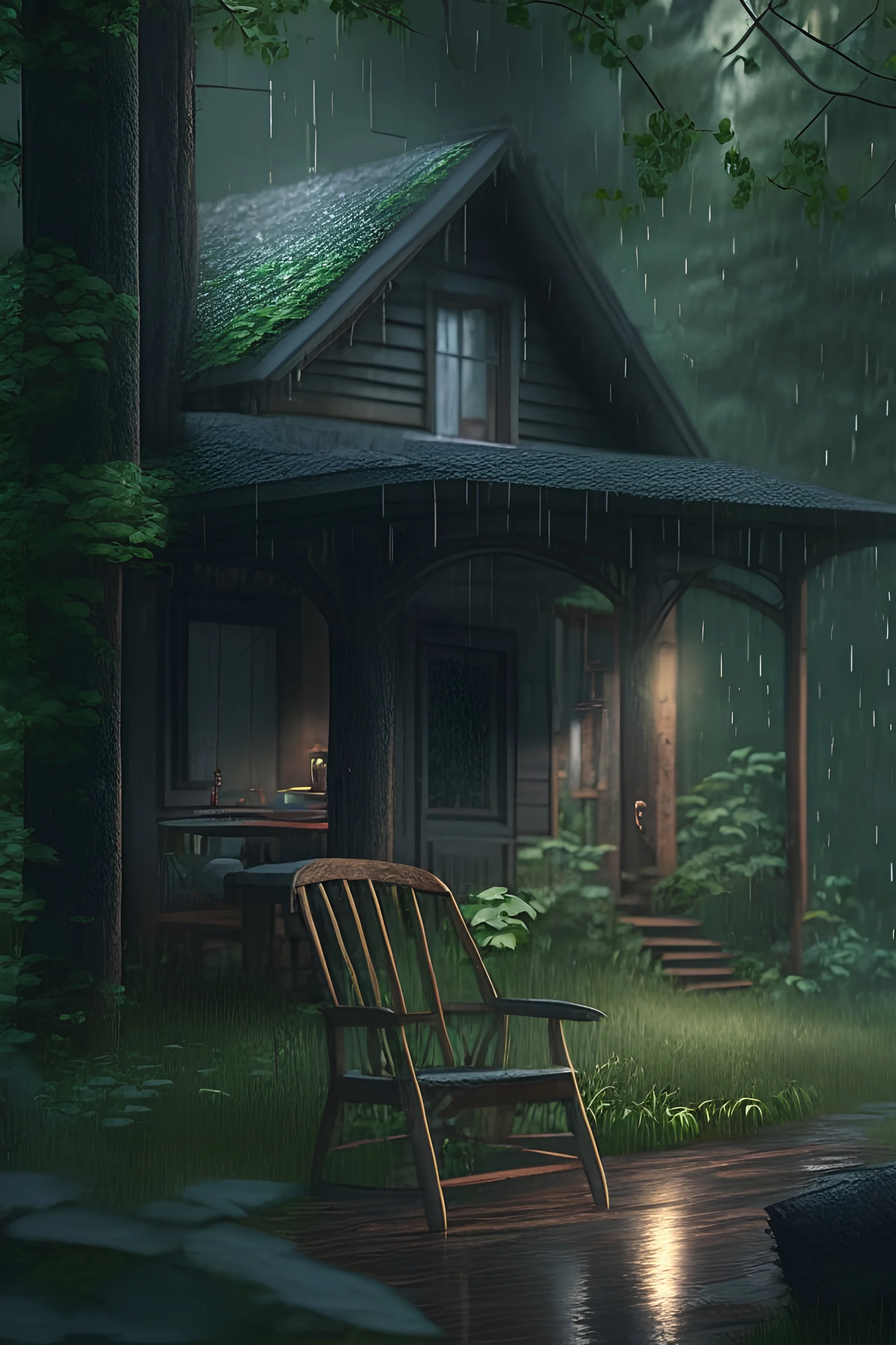 A cottage in the middle of a woods, with a rocking chair on its porch. Surrounded by lush greenery, and light rain falling. Comforting, soothing, hyper real, 4k