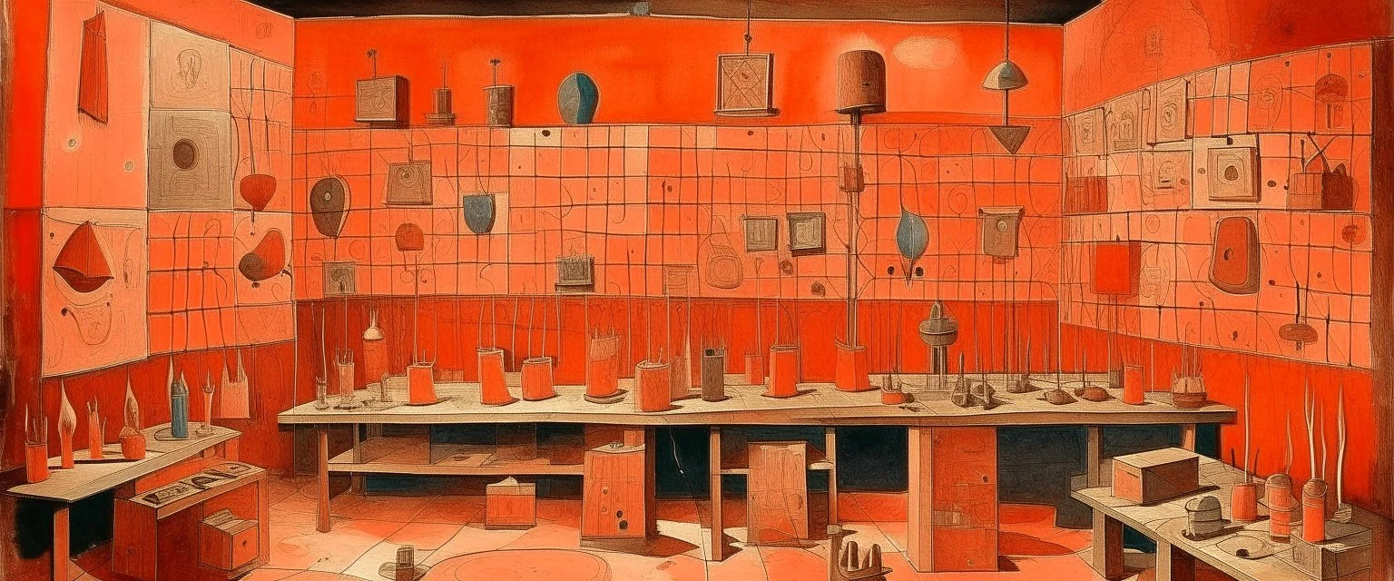 A salmon orange colored workshop with machines painted by Paul Klee