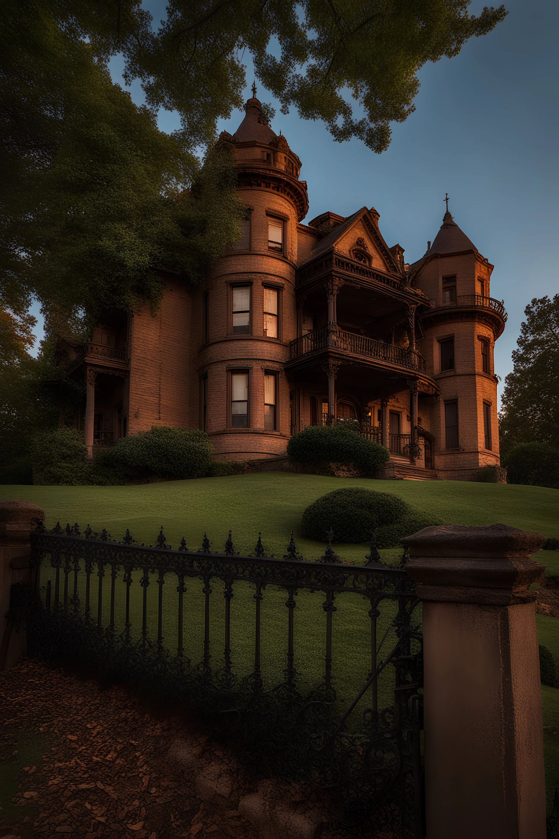 It's a creepy old mansion with a wrought iron fence in front