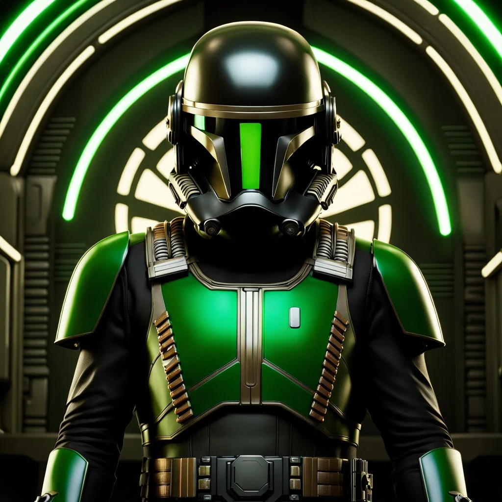 star wars bald male corellian pilot wearing black and bright gasoline green First Order special forces TIE pilot commando armored flightsuit and helmet with gold trim inside the jedi temple, centered head and shoulders portrait, hyperdetailed, dynamic lighting, hyperdetailed background, 8k resolution, volumetric lighting, light skin, fully symmetric details