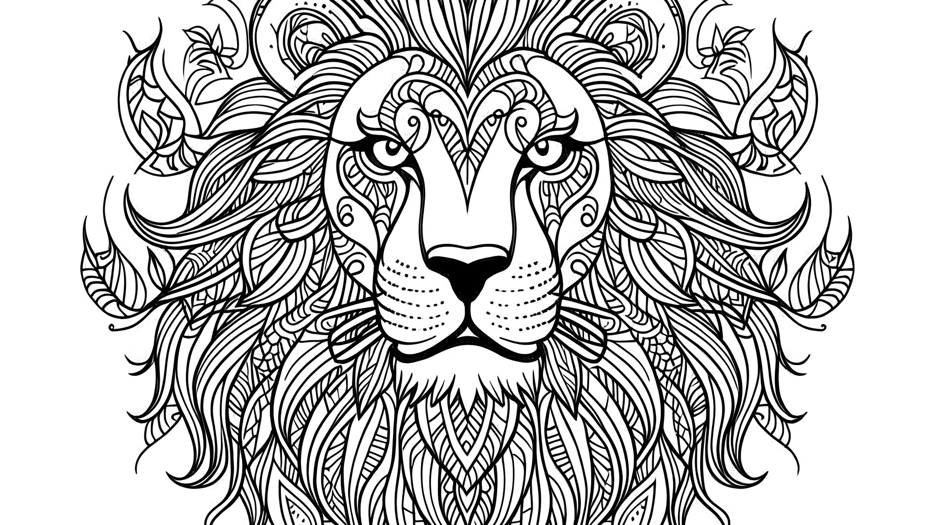 black and white coloring page of lion, center to frame