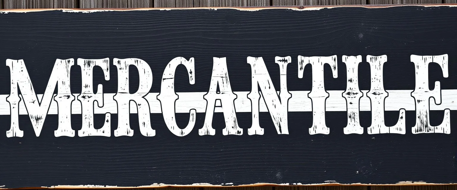 fill composition with large and wide hand painted old western sign that reads: "MERCANTILE" white on black with inset white stripe aged paint on wood sanserif