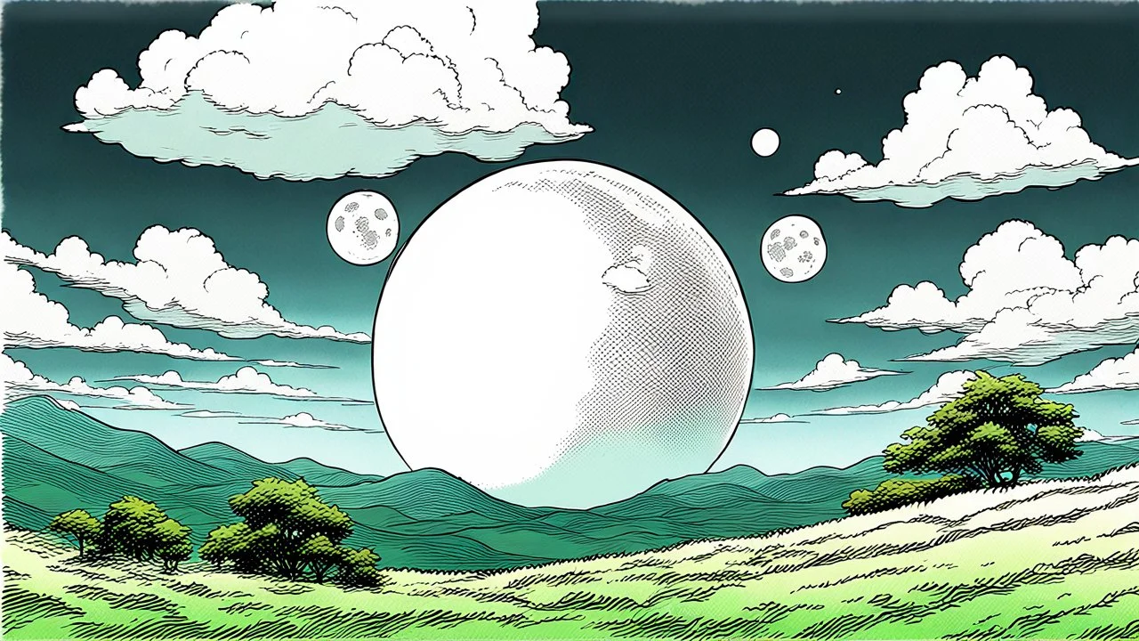giant virtual moon, maximum quality, centered on frame, far view, in the middle of a grassy hill, white sky with cumulonimbus, manga