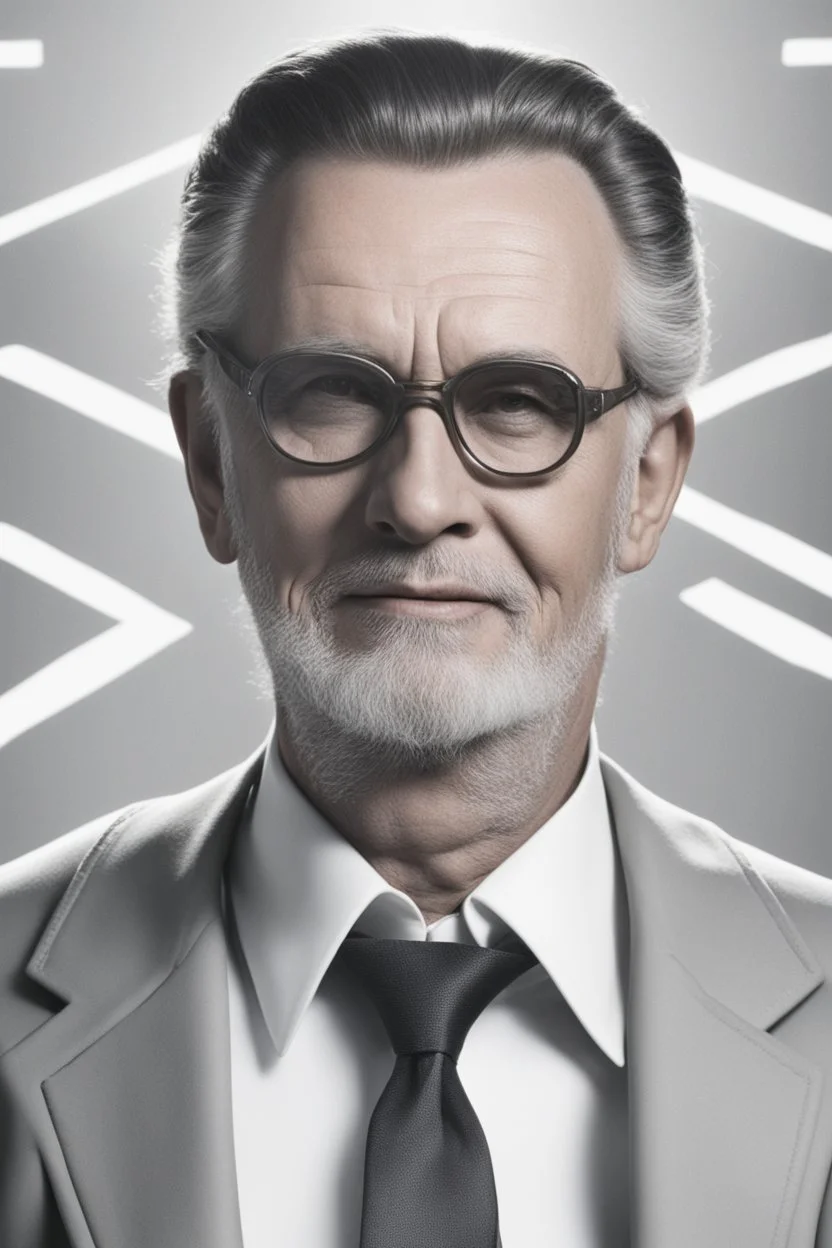 A portrait of a man in hir 50s. From the future