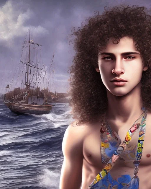 beautiful 12 year old arabic boy with long, curly hair and light blue eyes,shirtless, in front of a boat