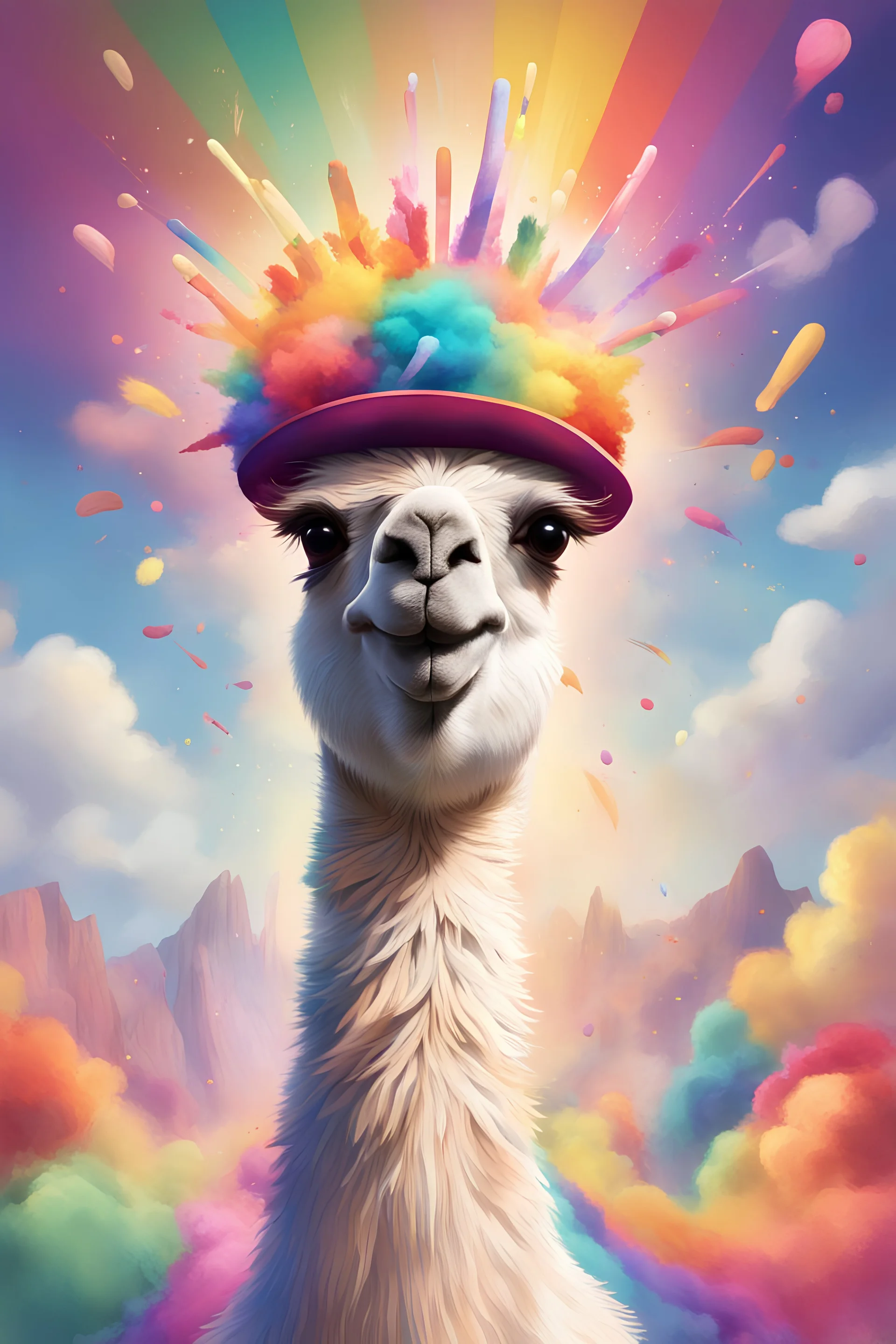 a digital painting of a llama wearing a hat surrounded by an explosion of rainbow colors at a party, matte painting, storybook illustration, whimsical, cute, bold lines