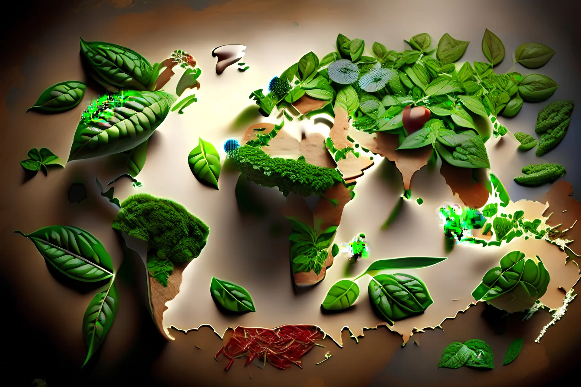 Basil leaf in the middle of the picture, in addition to different breakfasts in the countries of the world