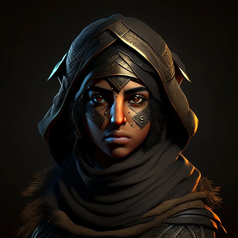 Arab warrior girl, rounded, 3D, 8k, black background