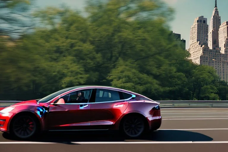 A Tesla 'Model S' is drifting at high speeds, in the 'Central Park' in New York City. (CINEMATIC, WIDE ANGLE LENS, PHOTO REAL)