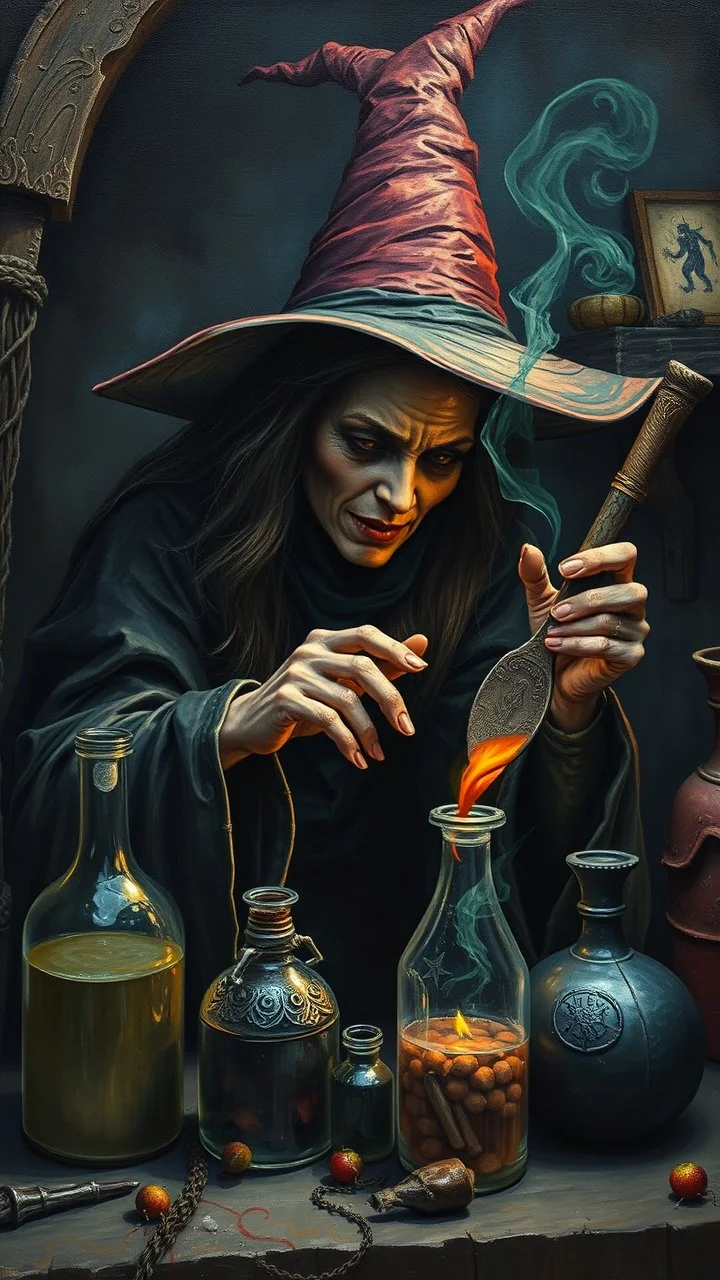 Bosch style painting , A 3D witch in her dark scary room and black manic material preparing a potions