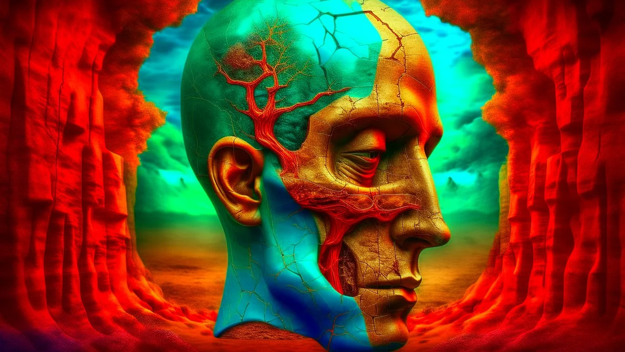 Skin bones stone face, dystopian environment, a forest can be seen through a hole in the side of the head, cracks and peeling in the face, a brain from another time, a divided mind, a portal to the distant future. Deep contrasting colors. Surrealism and abstraction by Angel Planells