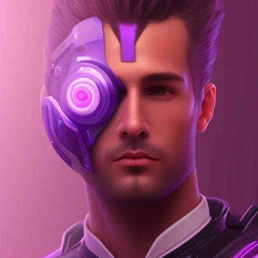 Handsome guy face, Sci-fi character, purple backlight, pink and purple, scifi suit, profile, purple background, pink lighting