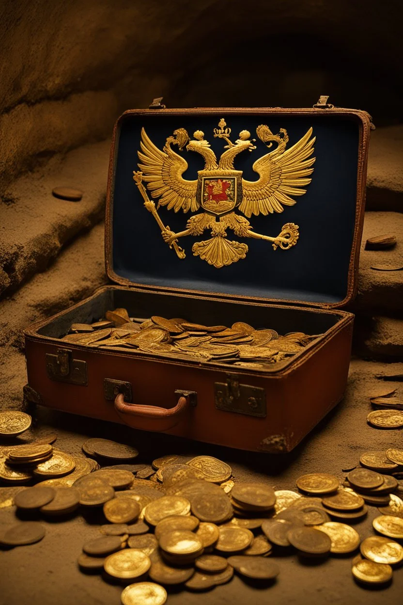 in a LARGE BASEMENT, half-buried in the earth, an ancient, worn-out, worn-out, torn-side valise peeks out, from which gold coins from the time of Catherine the Great fall out. The ancient coat of arms of Russia, the double-headed eagle, is BARELY VISIBLE on the bag. There are a lot of broken bricks and earth around the bag. All in high quality 8K