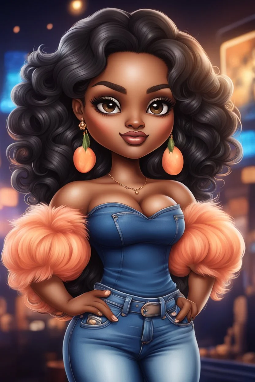 create an airbrush illustration of a chibi cartoon curvy black female wearing Tight blue jeans and a peach off the shoulder blouse. Prominent make up with long lashes and hazel eyes. She is wearing brown feather earrings. Highly detailed long black shiny wavy hair that's flowing to the side. Background of a night club.