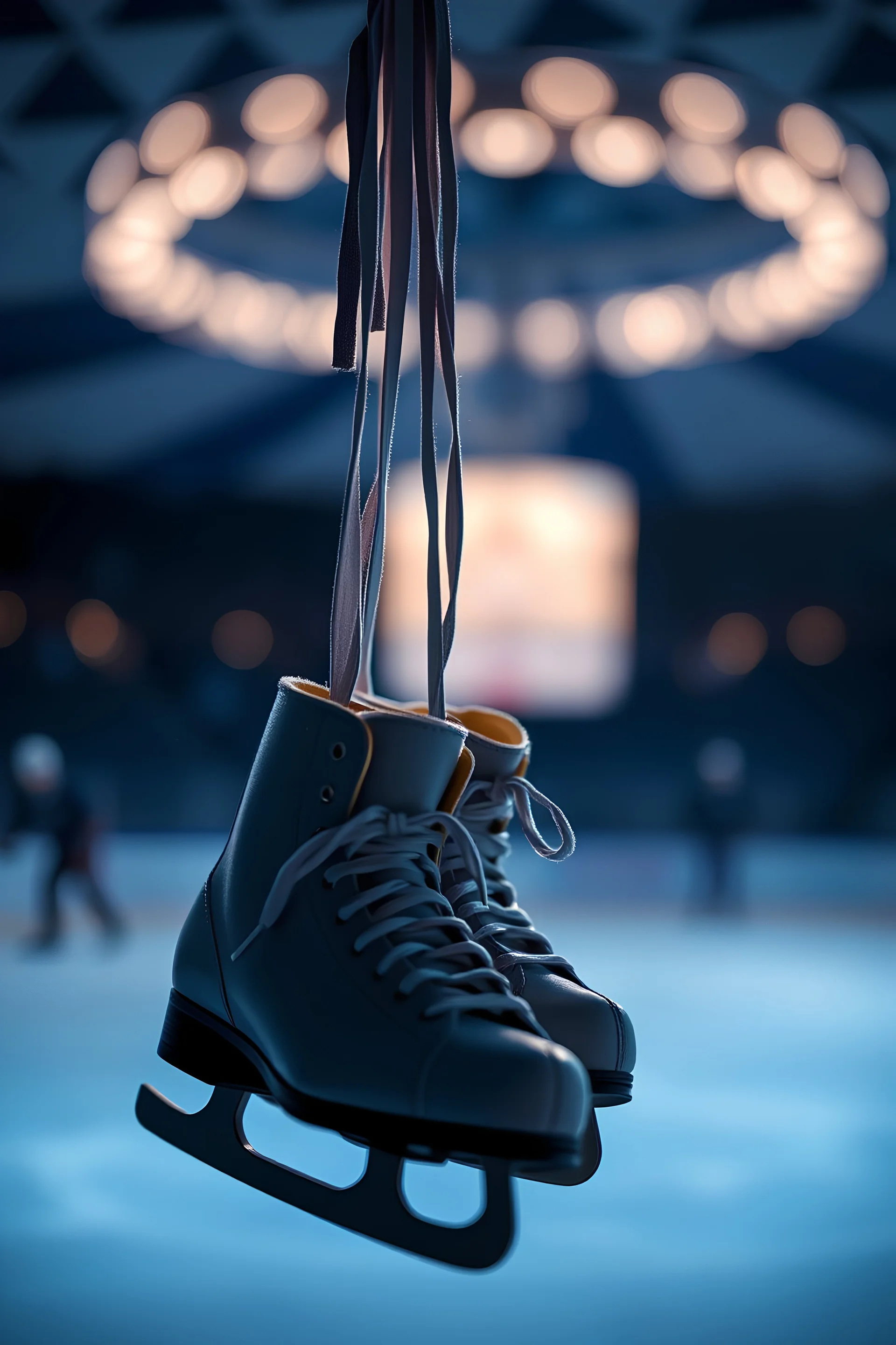 Focus Two ice skates hanging by their lace in dark light off blurred ice rink illuminated from above by a omniscient blue light