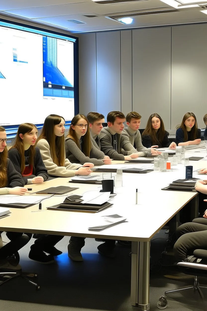 10 girls and boys sitting around a rectangular table attending a lecture