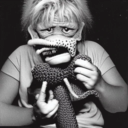 Old photo grandma, lion, zip mouth toy, h r giger, alien child, scared