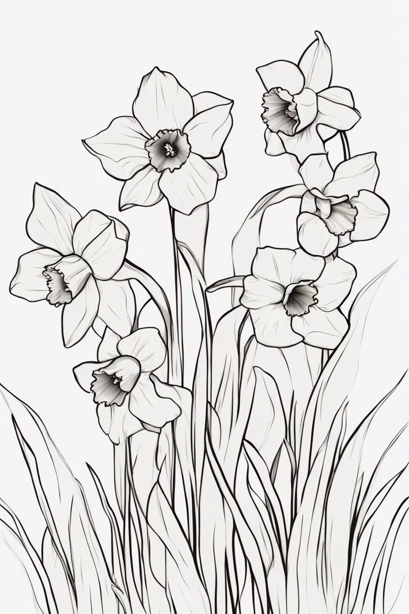 outline art for Spring: Daffodils , White background. sketch style, clean line art, white background, no shadow and clear. White/black