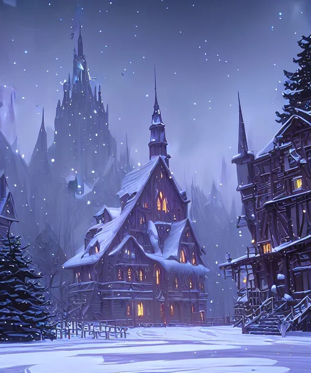 A magical snowy warlock gothic castle with river canals and a large Christmas tree