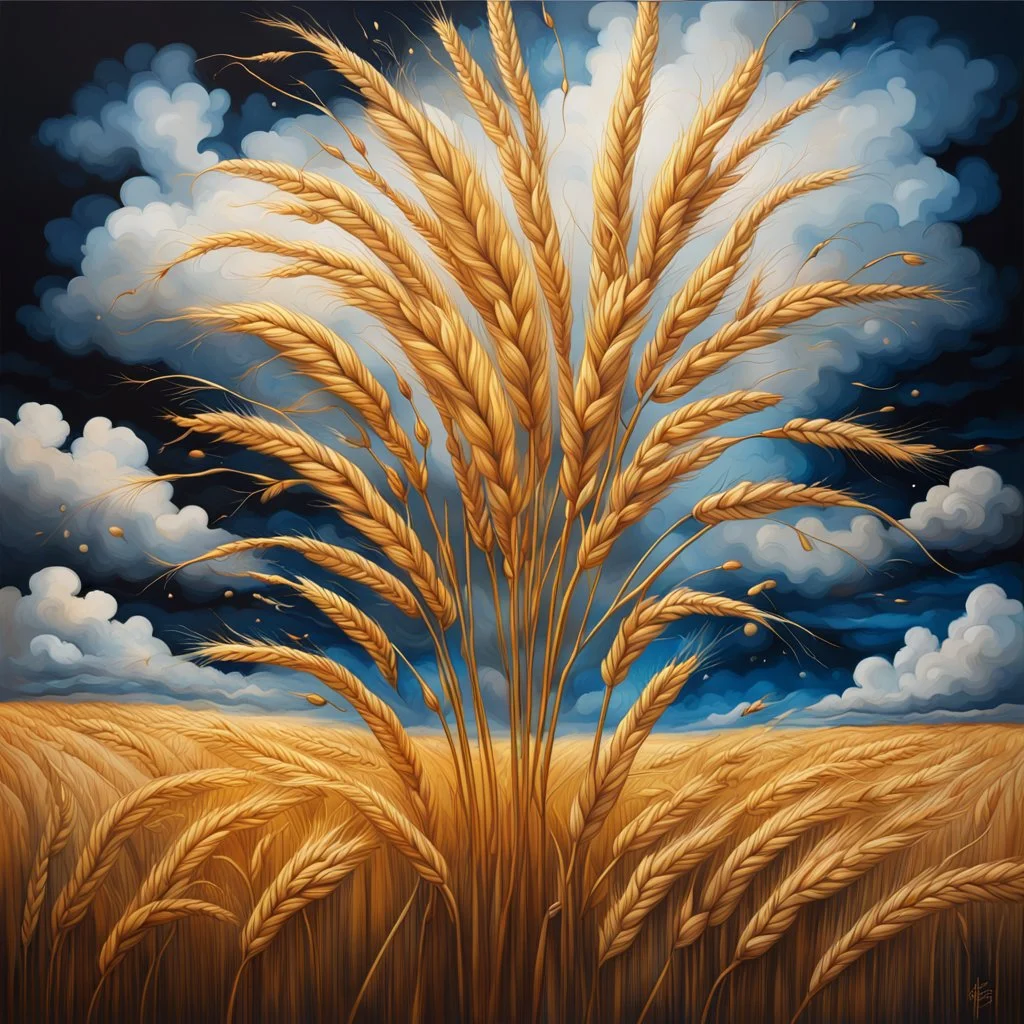 Create an abstract landscape painting of golden stems of wheat with the backdrop of a cloudy sky. Multiple vivid alcohol ink splashes and streams Modifiers: elegant intricate beautiful high detail fantastic view high definition James Jean Dark background Mark Ryden style very high definition dramatic composition glossy deep emboss